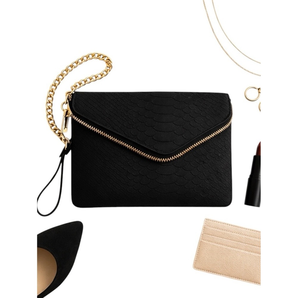 Henri Bendel Black Embossed Leather Wristlet Clutch Gold Chain Rare Vintage Bag